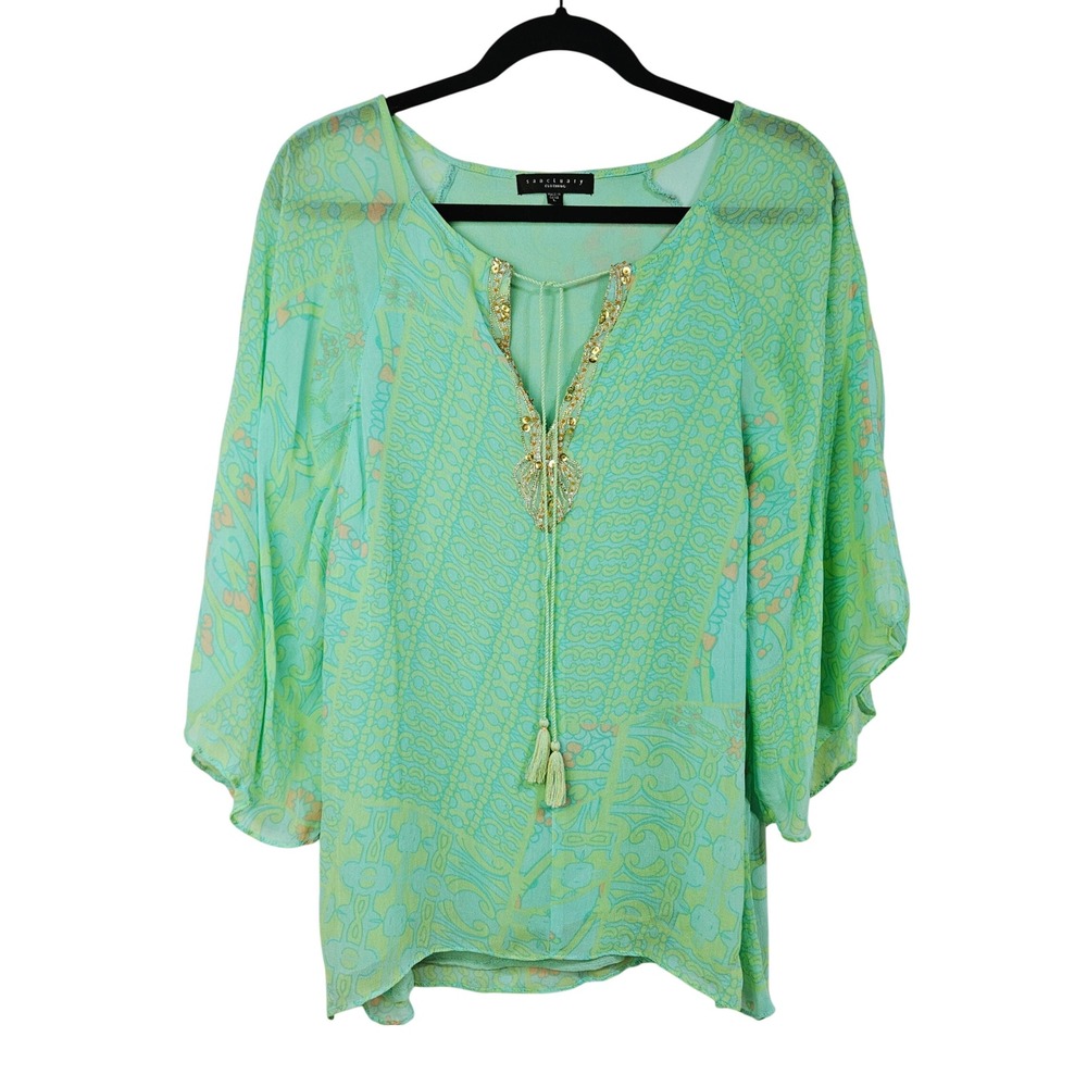 Sanctuary Green Printed Embellished V-Neck Tassel Blouse Large Boho Bell Sleeve